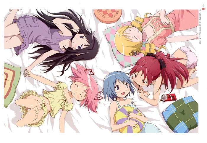 Mahou Shoujo Madoka Magica characters lying on a bed
