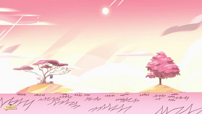 Steven Universe landscape with pink trees and grass