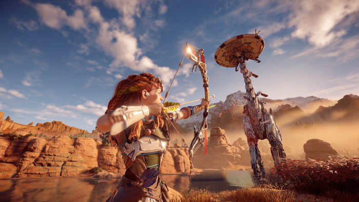 Aloy from Horizon: Zero Dawn aiming a bow at a machine
