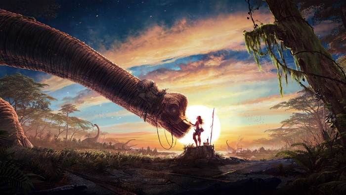 Fantasy girl with dinosaur at sunset