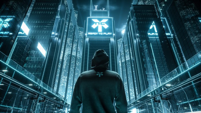 Hooded figure in a futuristic city with neon lights