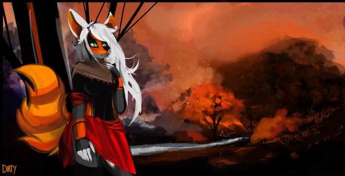 Anthro fox girl with white hair and red skirt