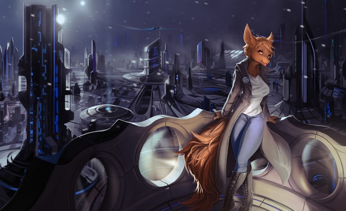 Anthro Fox Girl in Noir City at Night
