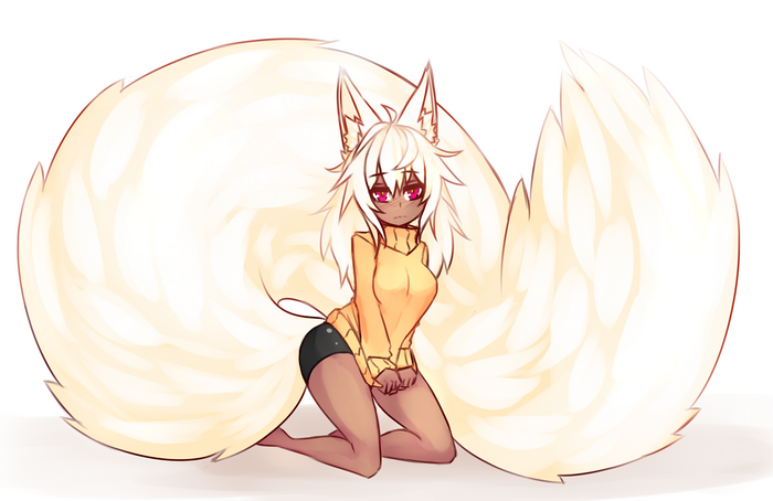 Anime fox girl with multiple tails wearing a sweater
