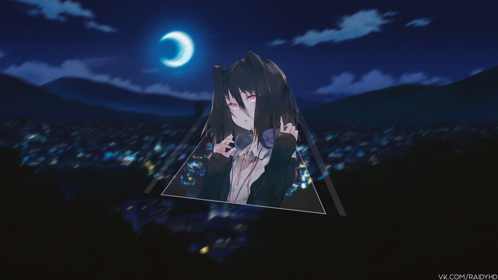 Anime girl with headphones at night