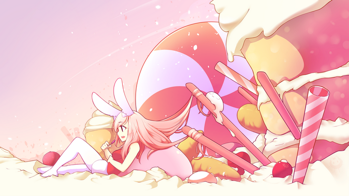 Anime girl with bunny ears in candy land