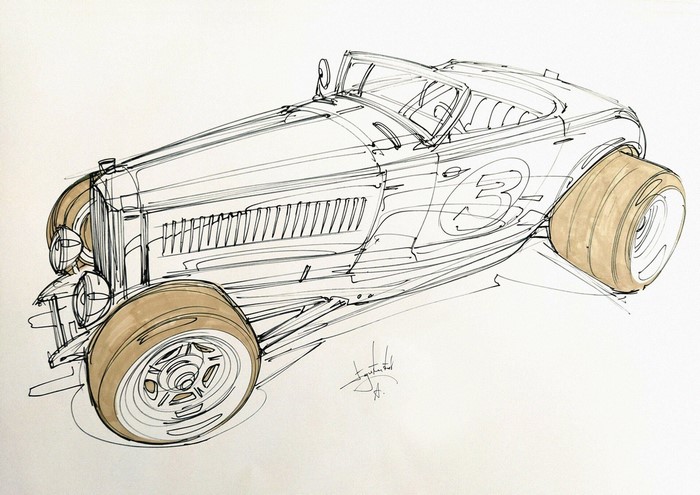 Sketch of a vintage race car with number 3
