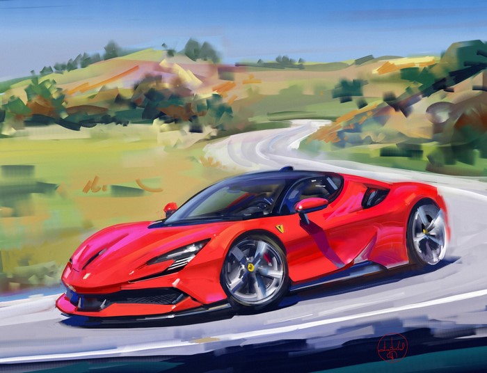 Red Ferrari sports car on a winding road
