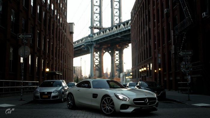 4K Gran Turismo Sport Mercedes AMG GTR on street with bridge