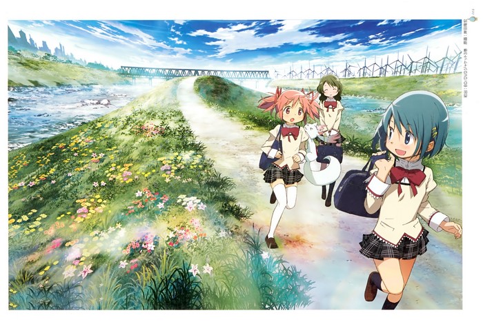 Anime girls walking by a river with windmills