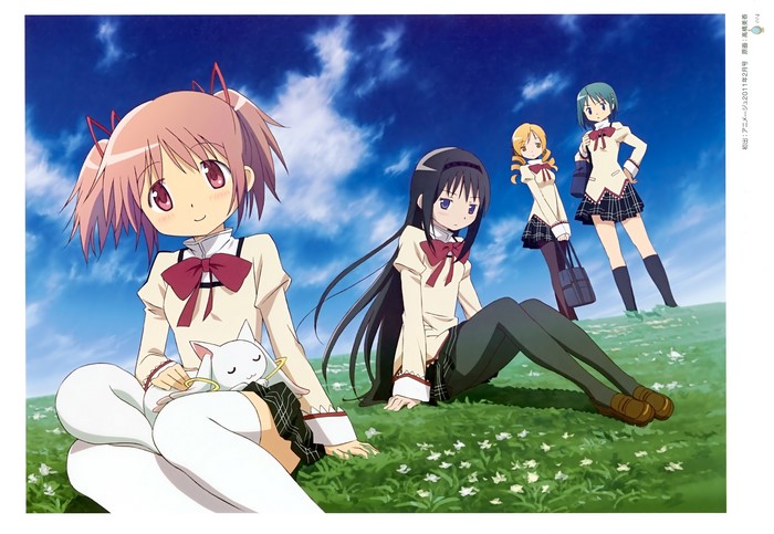 Madoka Magica characters on a grassy hill