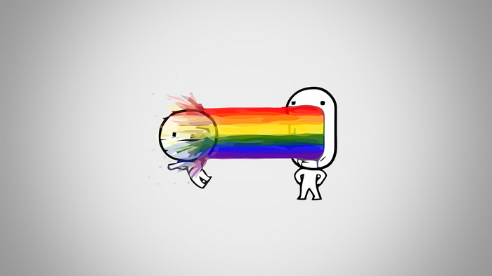 Two cartoon figures with a rainbow beam