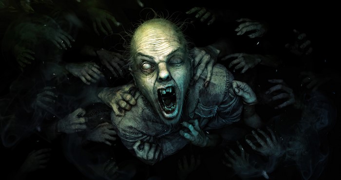 Creepy man screaming surrounded by hands
