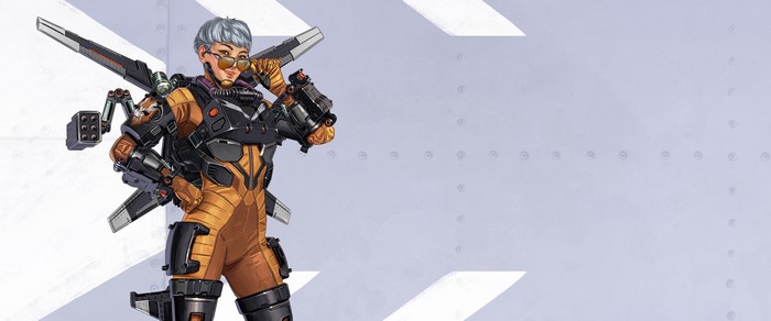 Valkyrie from Apex Legends in orange flight suit with jetpack