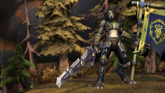Worgen Warrior holding Alliance banner and sword in forest