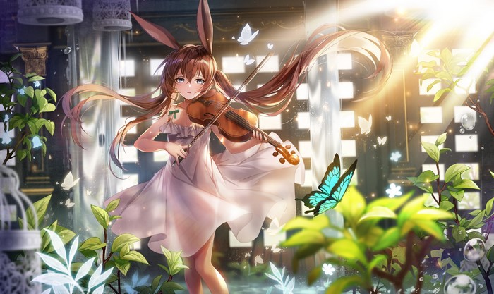 Amiya from Arknights playing violin in a garden