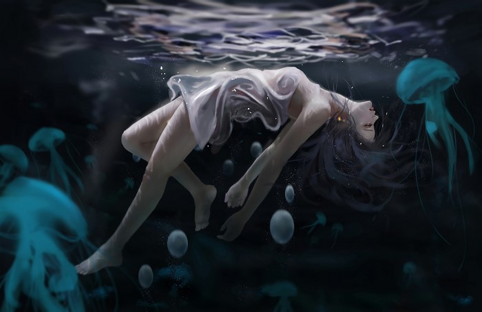 Digital art of a woman underwater with jellyfish