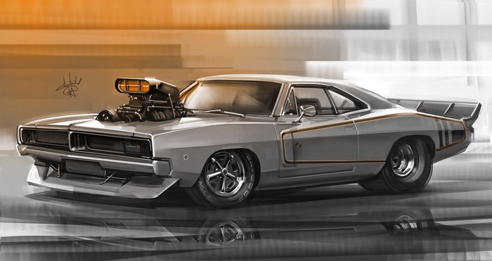 Gray Dodge Charger with Supercharger by Aleksandr Sidelnikov