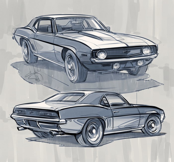 Two sketches of a 1969 Chevrolet Camaro