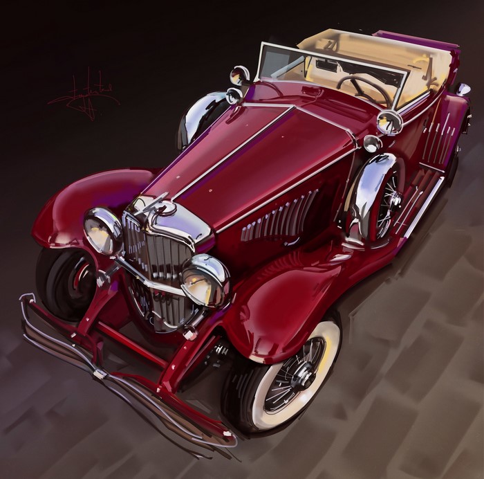 Red vintage convertible car by Aleksandr Sidelnikov