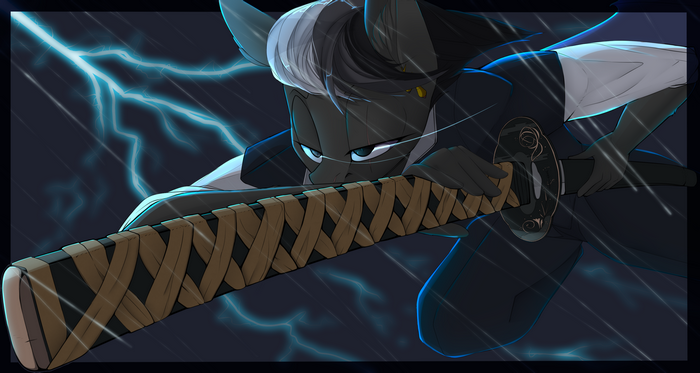 Anthro character with katana in the rain