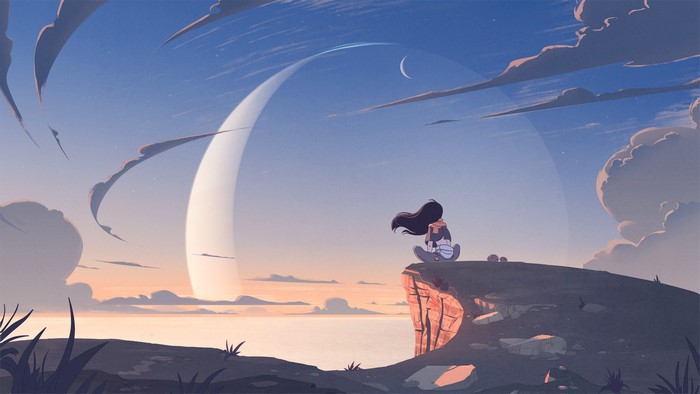 Anime girl sitting on a cliff overlooking a ringed planet
