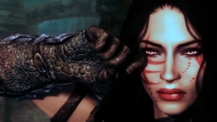 Dragonborn warrior with red markings from The Elder Scrolls V: Skyrim