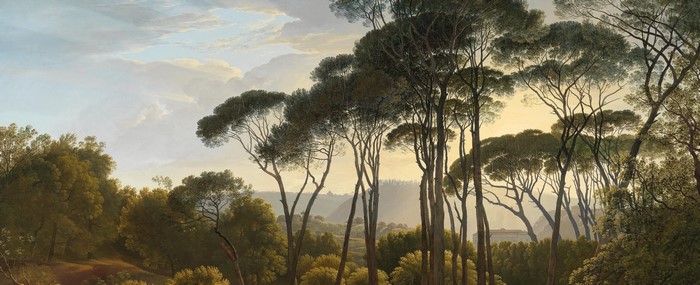 Landscape with pine trees and distant cityscape