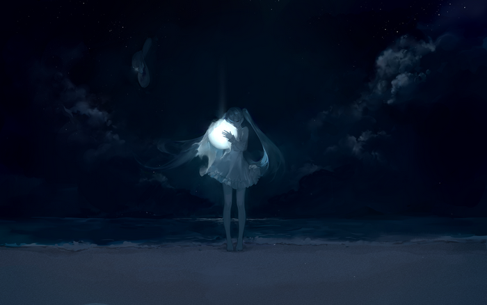 Hatsune Miku from Vocaloid holding a glowing orb on a beach at night