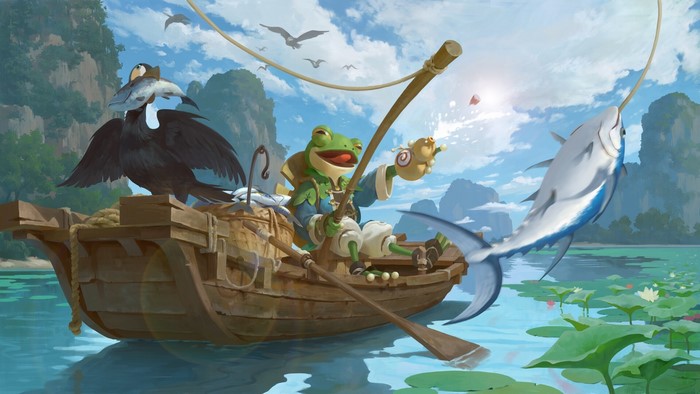 Frog fishing from a boat with a bird and a large fish