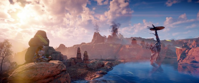 Aloy from Horizon Zero Dawn in a rocky landscape