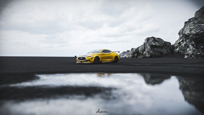 Yellow Infiniti Q60 Coupe on a black sand beach