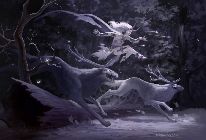 Fantasy girl with horns riding two spectral deer in a dark forest