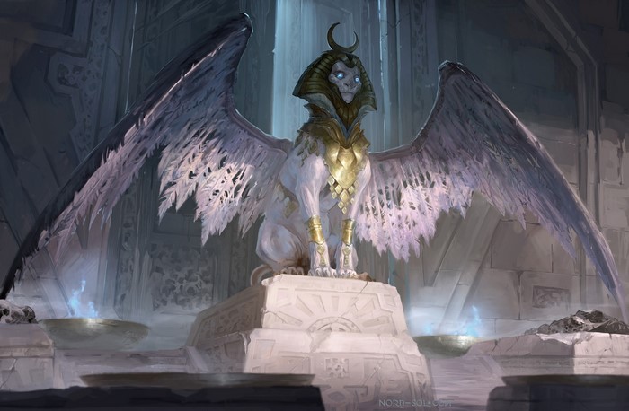 Sphinx with wings in a stone chamber with blue flames
