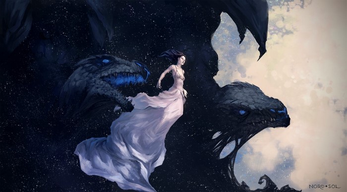Woman in white dress with dragons in starry sky