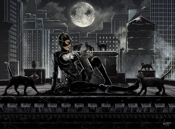 Catwoman from Batman with cats on rooftops under the Moon