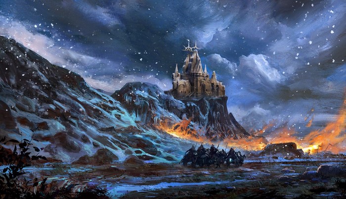Fantasy castle under a snowy sky with knights