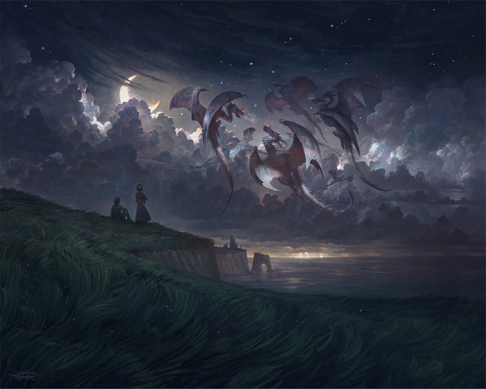 Fantasy art of dragons flying in the night sky