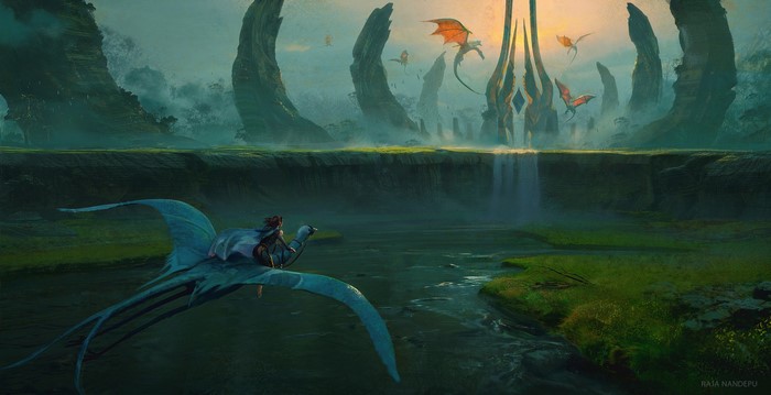 Fantasy girl riding a creature with dragons flying in the background