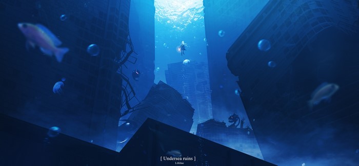 Undersea ruins with a girl and fish