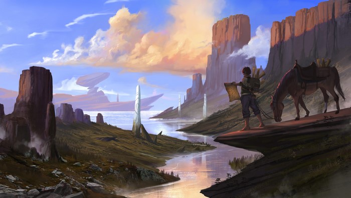 Fantasy landscape with traveler and horse by Caio Santos