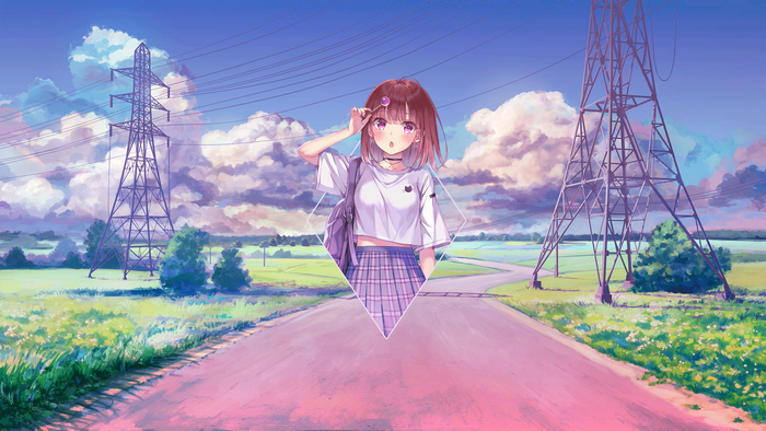 Anime girl with lollipop in a field with power lines
