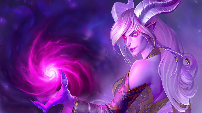 Female Draenei casting a purple spell in World of Warcraft