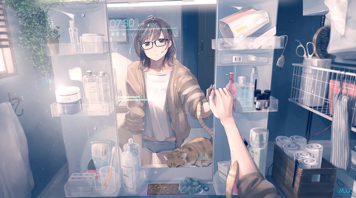 Anime girl and cat in bathroom with smart mirror