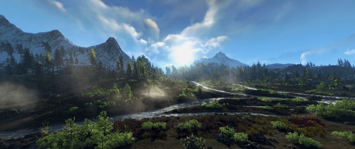 The Witcher 3: Wild Hunt landscape with mountains and river