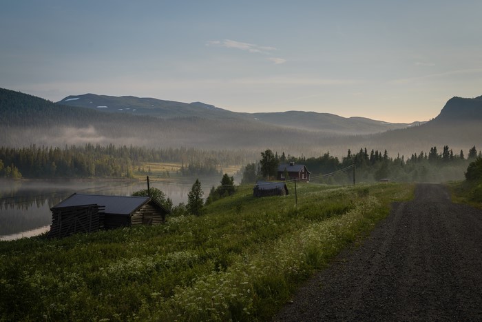 Idyllic morning in Jämtland, Sweden with forest and mountains