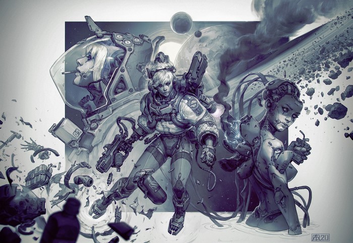 Science fiction women in space with planets and debris