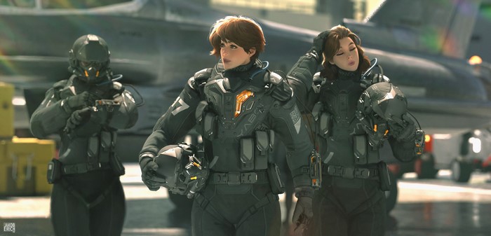 Women in sci-fi pilot suits with jet fighter