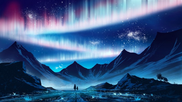 Mountain Landscape Under Aurora Borealis and Stars
