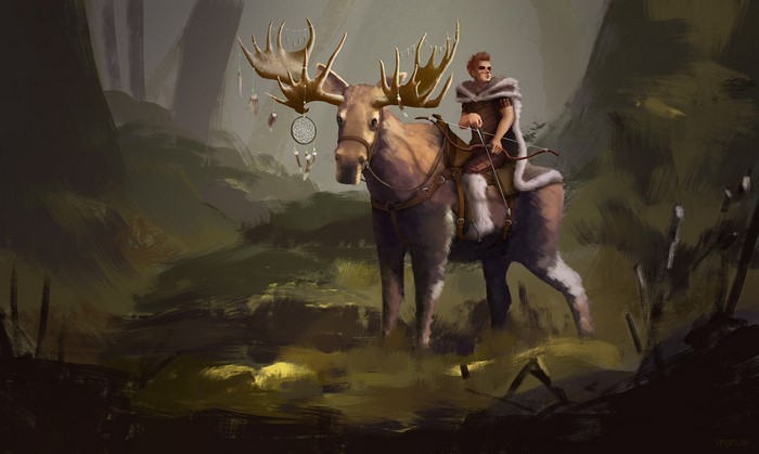 Archer riding a moose in a forest